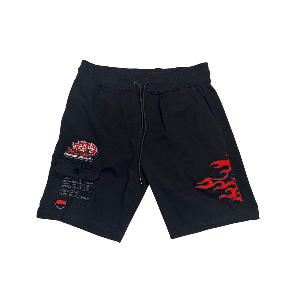 Blac Leaf Mens Black Flame Graphic Cargo Pocket Drawstring Shorts size Large‎